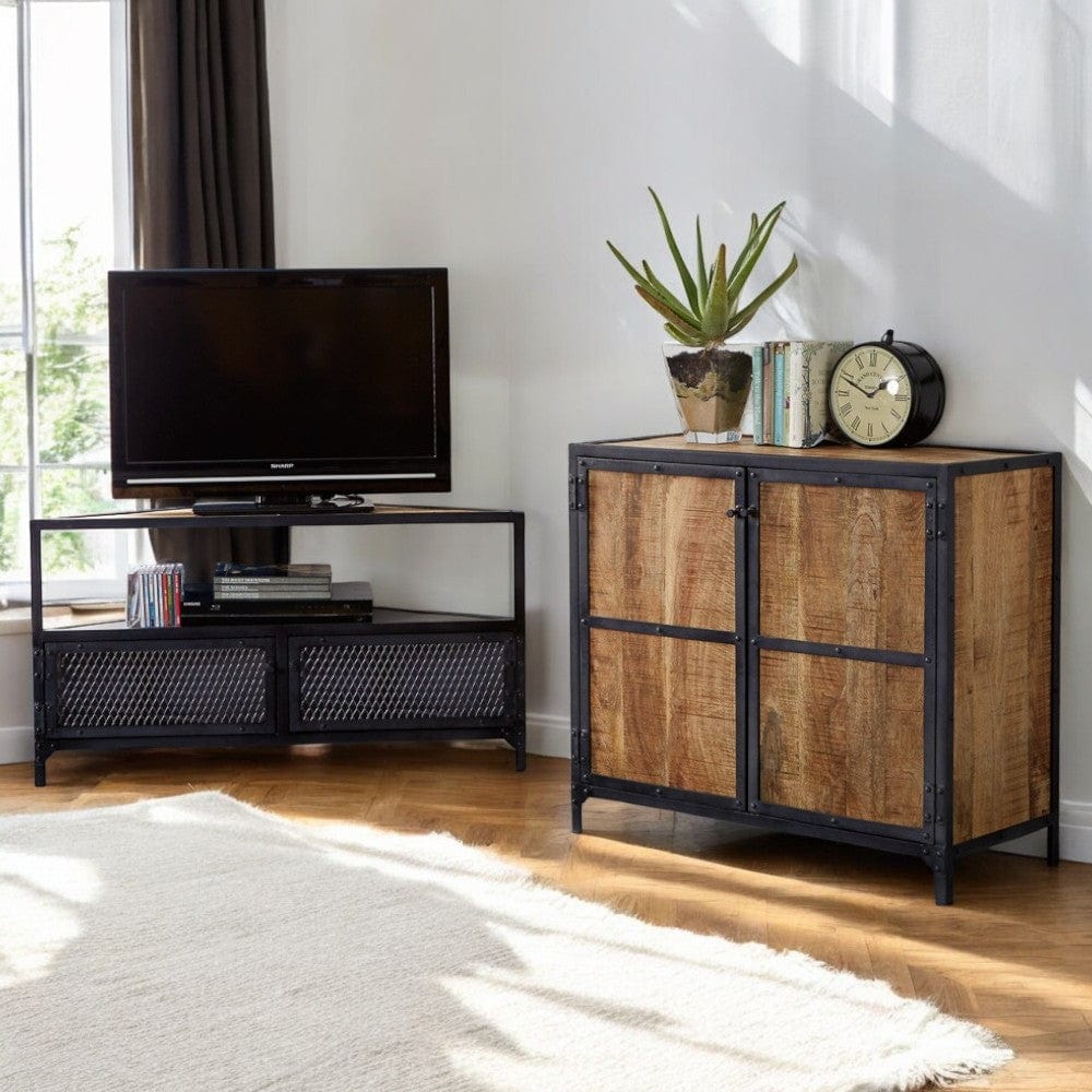 Belfast 110cm Industrial Metal & Wood Corner TV Media Unit