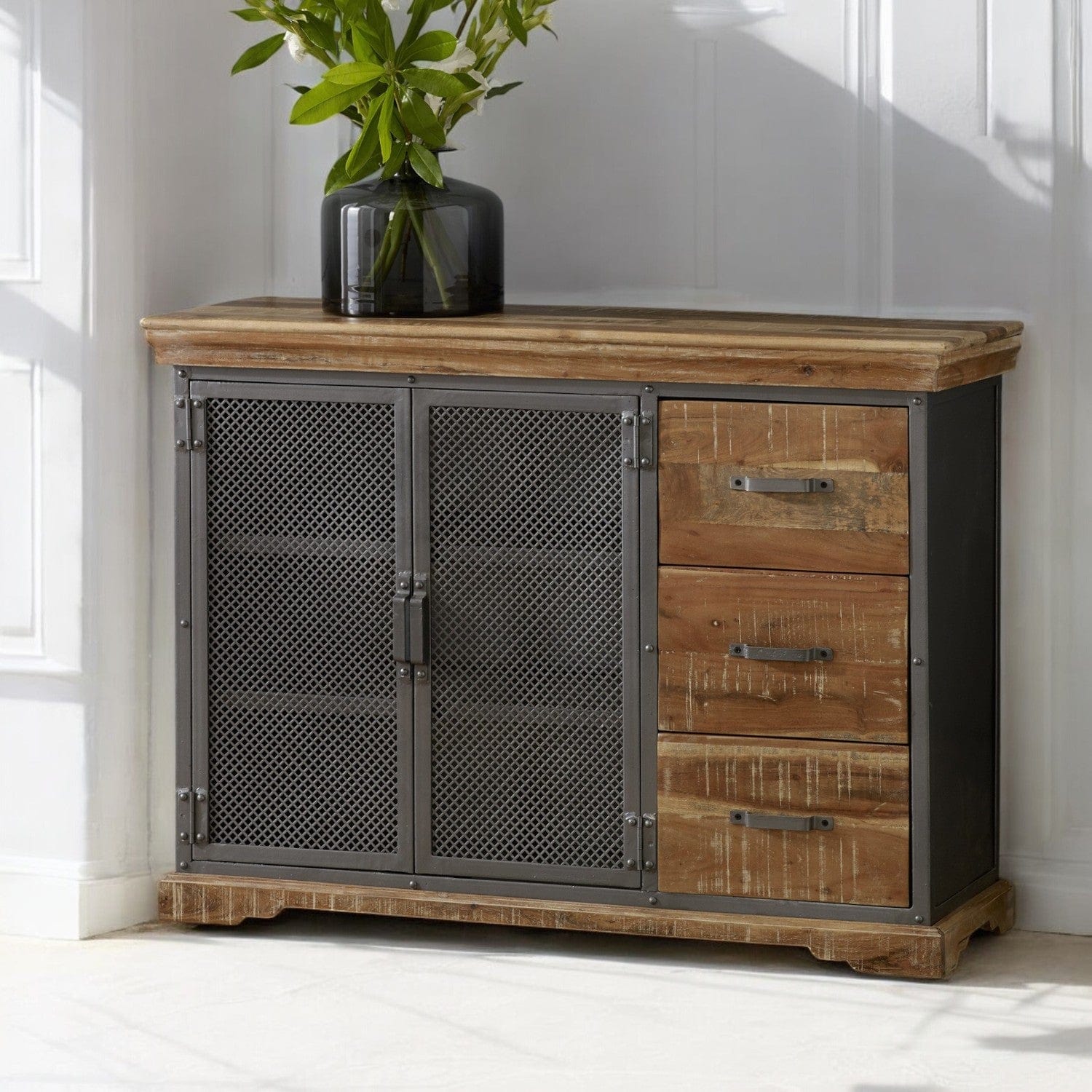Cork Industrial Wood & Metal 3 Drawer 125cm Sideboard