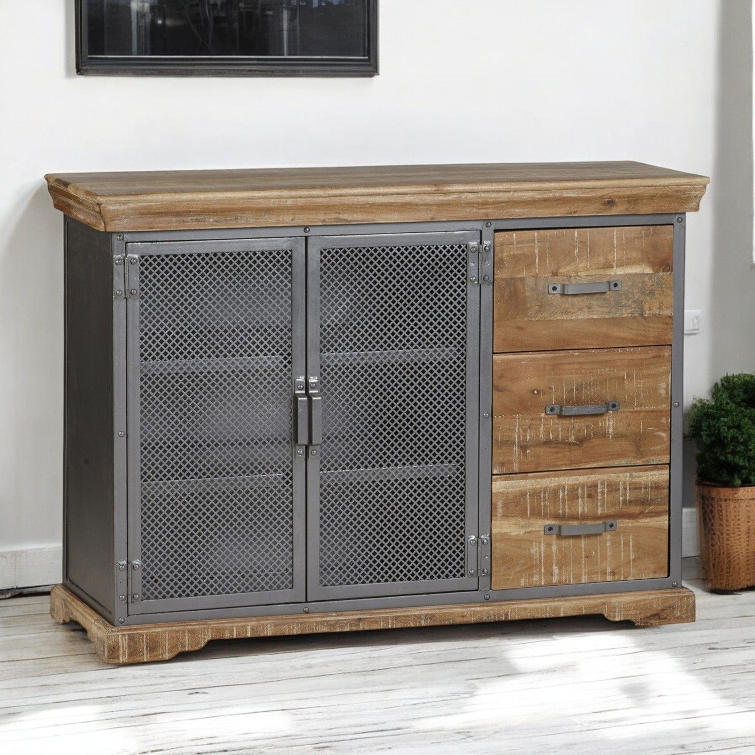 Cork Industrial Wood & Metal 3 Drawer 125cm Sideboard