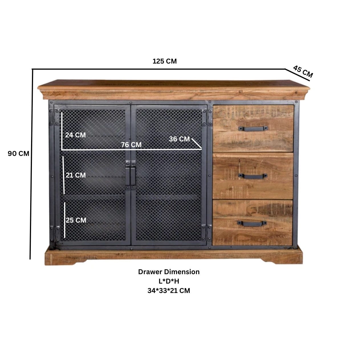 Cork Industrial Wood & Metal 3 Drawer 125cm Sideboard