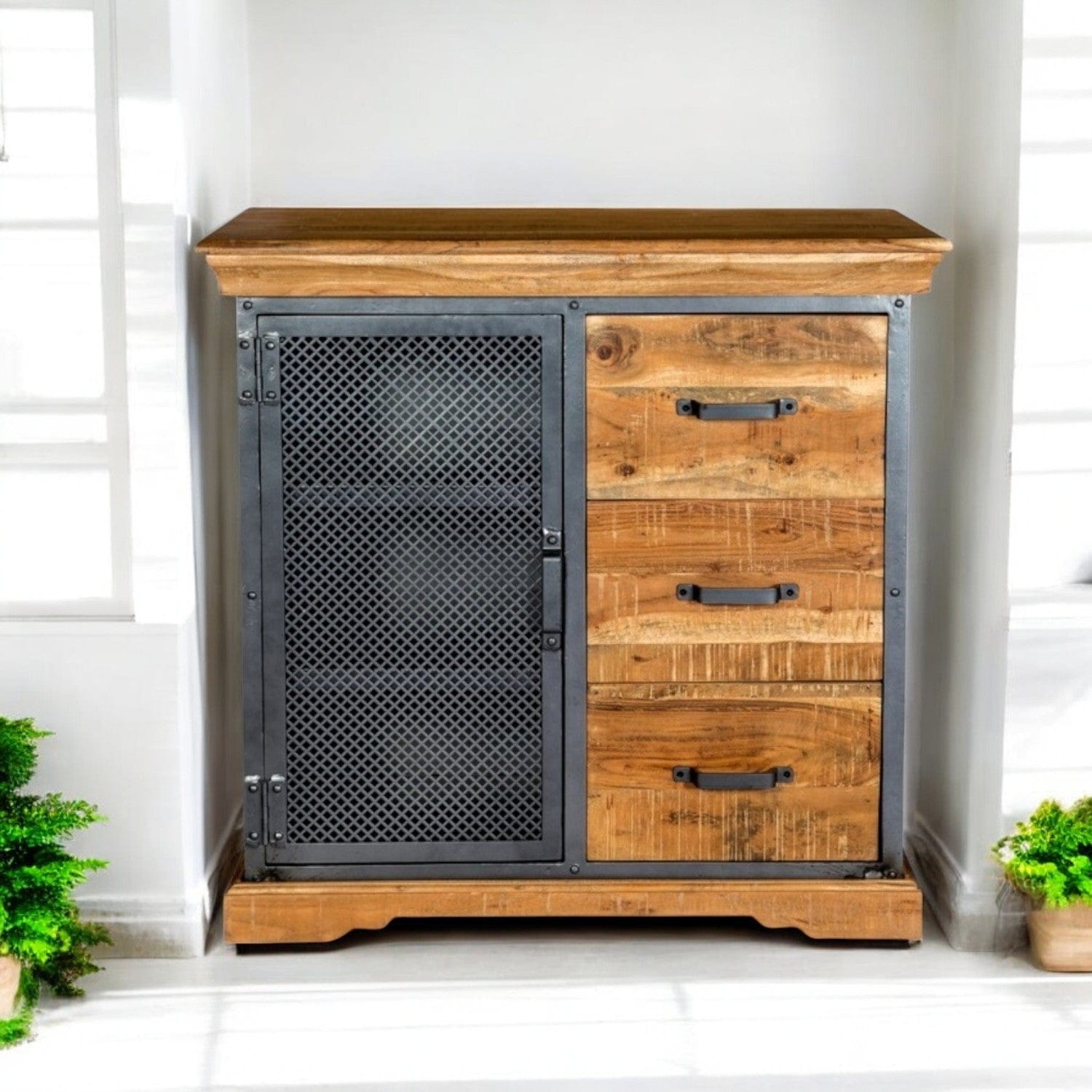 Cork Industrial Wood & Metal 3 Drawer 85cm Sideboard