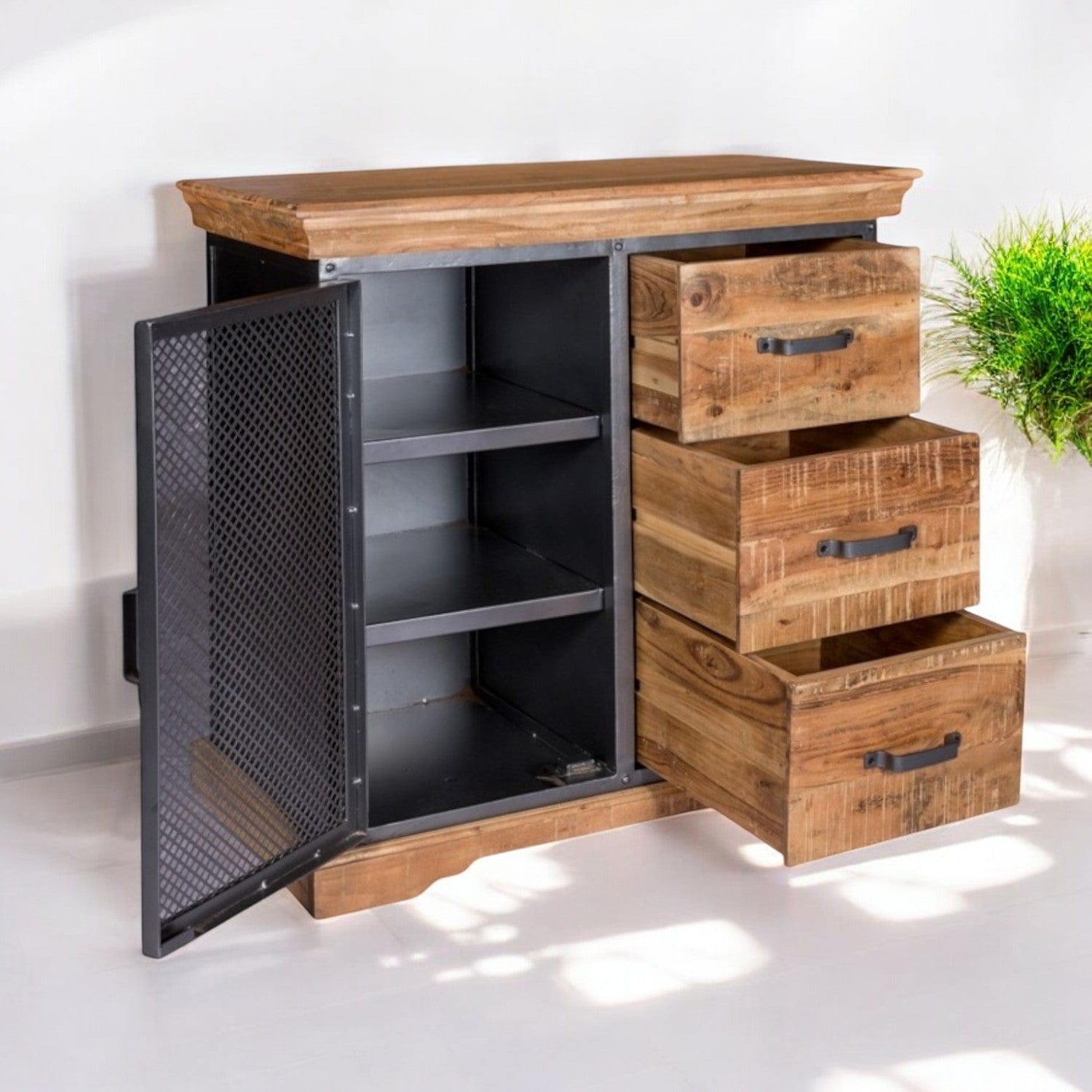 Cork Industrial Wood & Metal 3 Drawer 85cm Sideboard