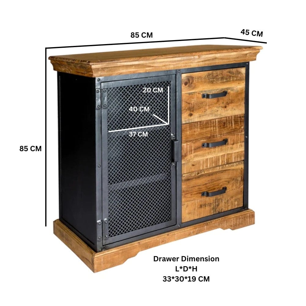 Cork Industrial Wood & Metal 3 Drawer 85cm Sideboard