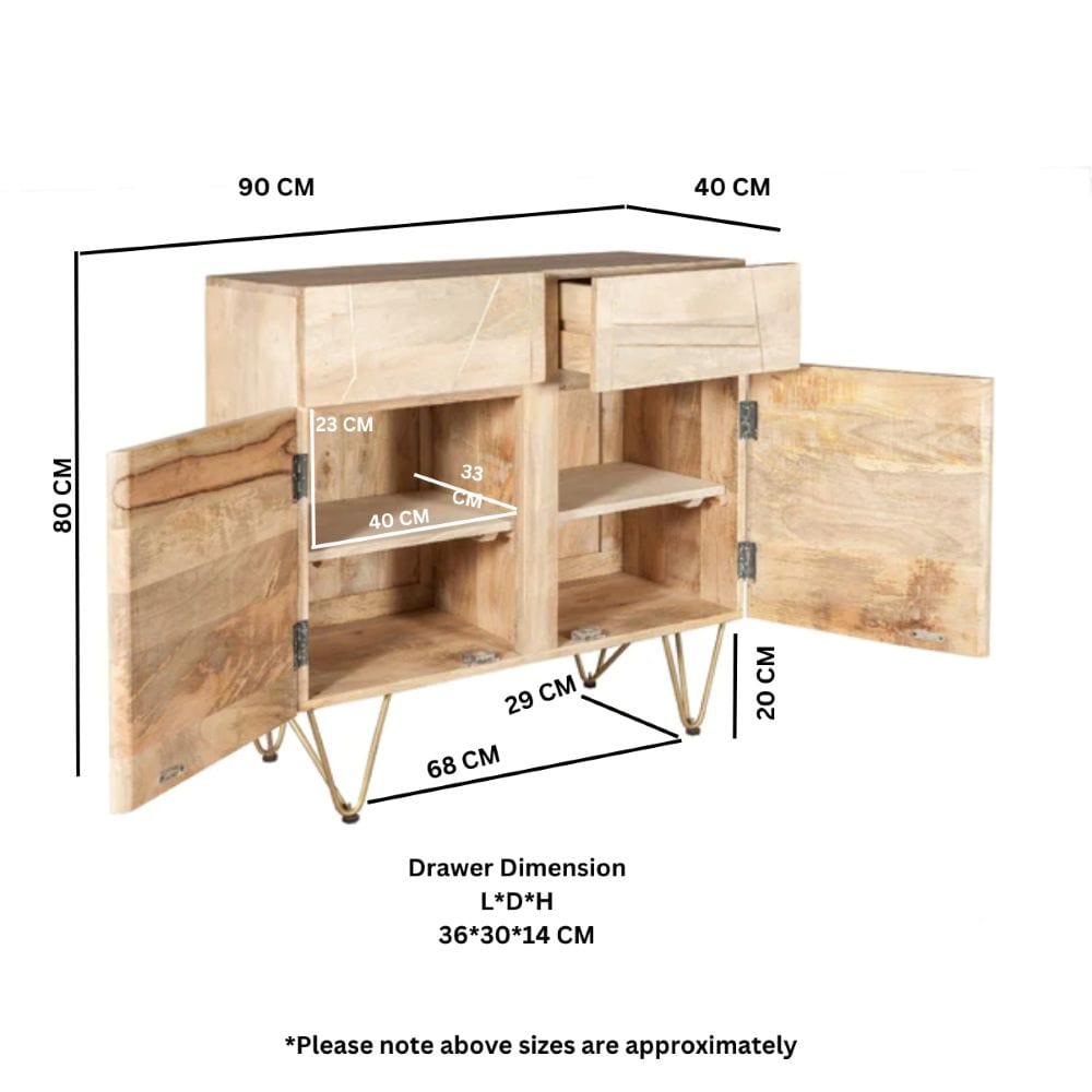 Galway Wooden Light Gold 2 Doors 90cm Sideboard