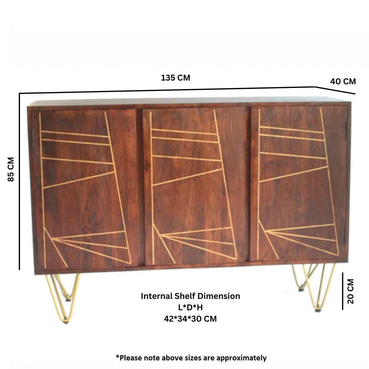 Limerick Wooden Dark Gold 3 Doors 135cm Sideboard