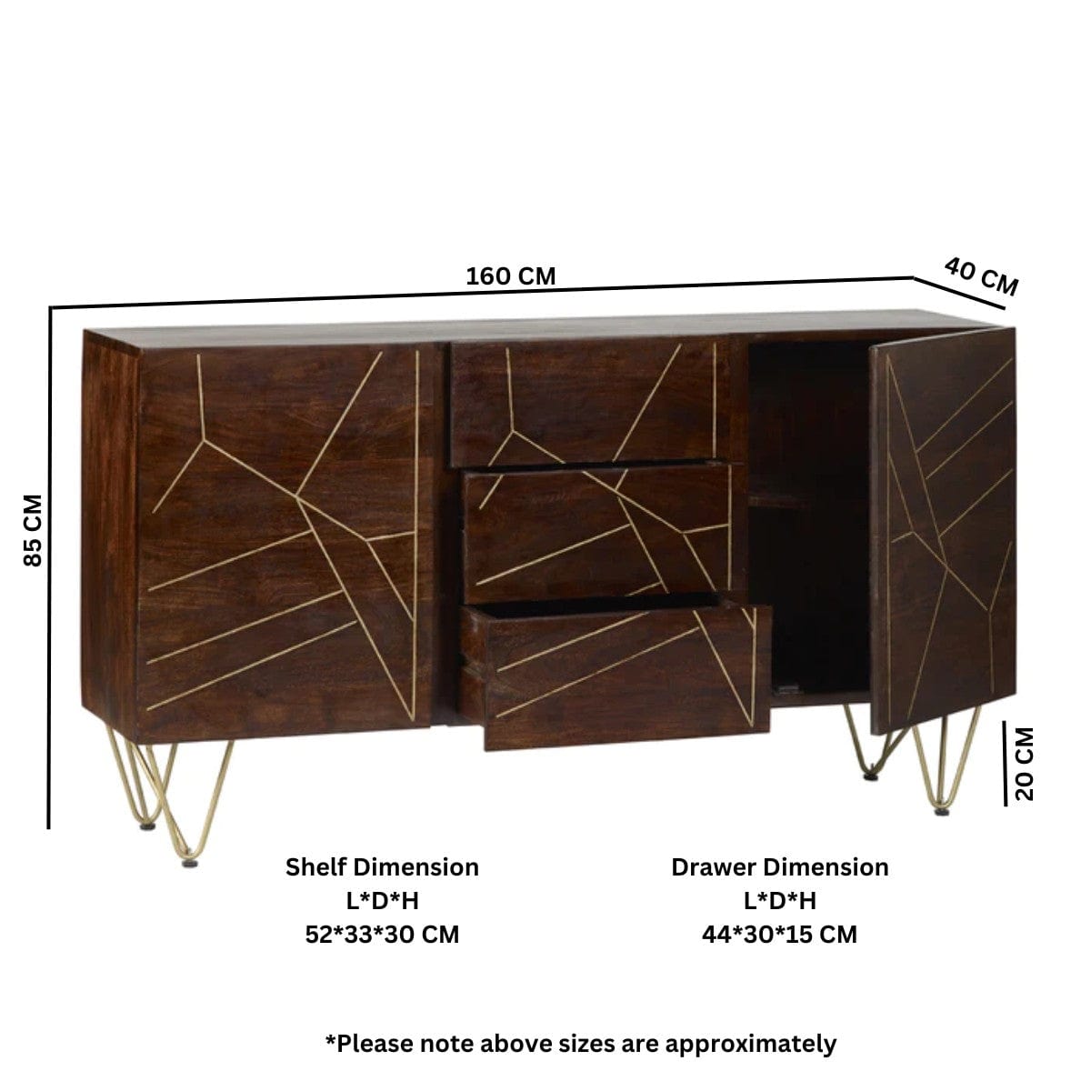 Limerick Wooden Dark Gold 3 Drawers & 2 Doors 160cm Sideboard